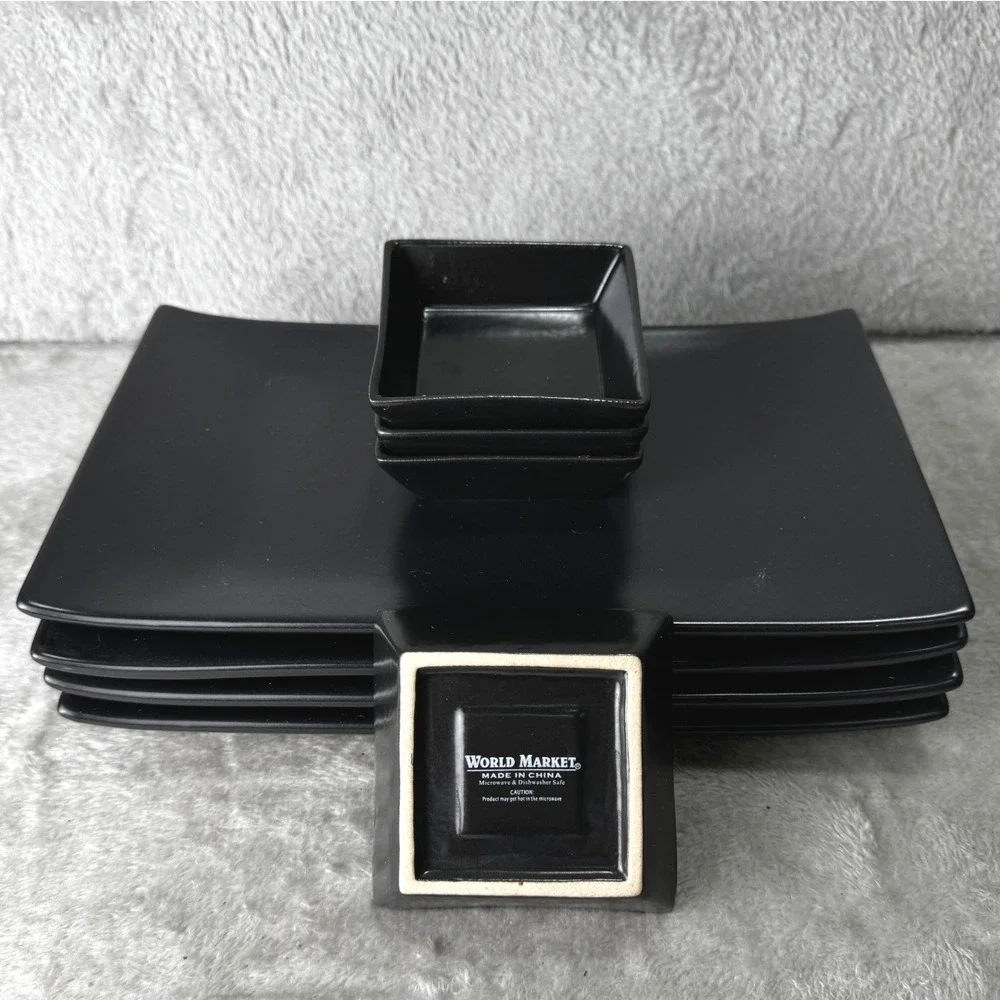 World Market Sushi Matte Black Ceramic Rectangular Plates Set 4 Dipping Bowls